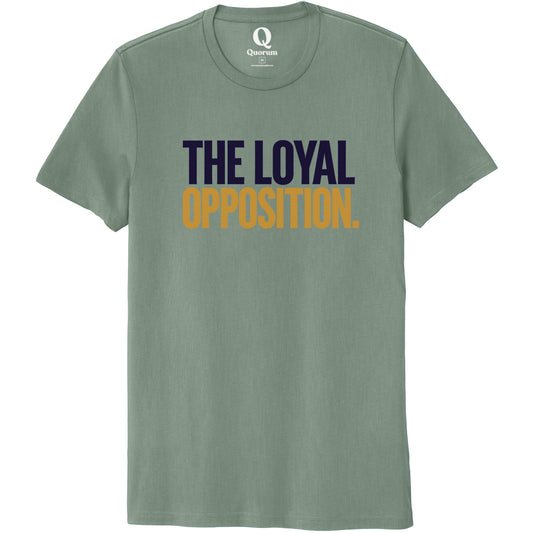 "The Loyal Opposition." Quorum Unisex 100% Organic Cotton Tee front print in Matcha Green