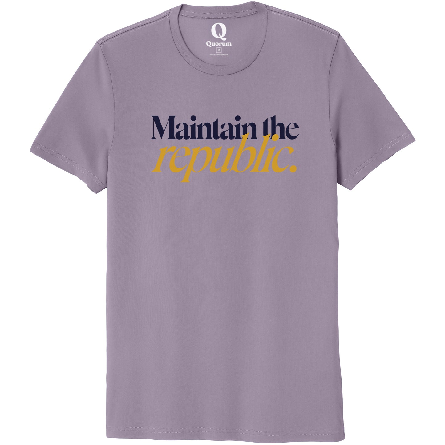 "Maintain the republic." Quorum Unisex 100% Organic Cotton Tee front print in Cosmic Purple
