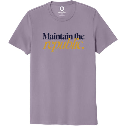 "Maintain the republic." Quorum Unisex 100% Organic Cotton Tee front print in Cosmic Purple
