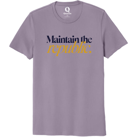 "Maintain the republic." Quorum Unisex 100% Organic Cotton Tee front print in Cosmic Purple
