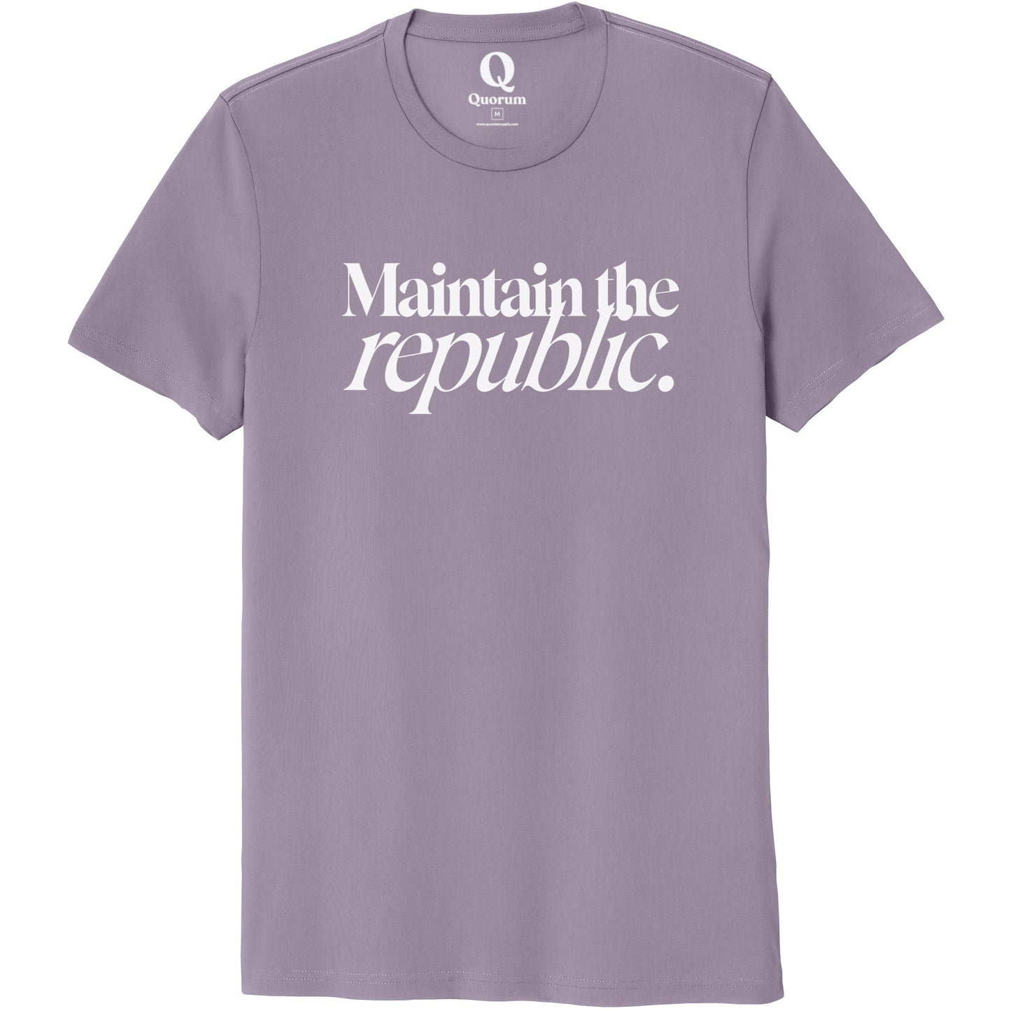 "Maintain the republic." Quorum Unisex 100% Organic Cotton Tee editorial print in Cosmic Purple