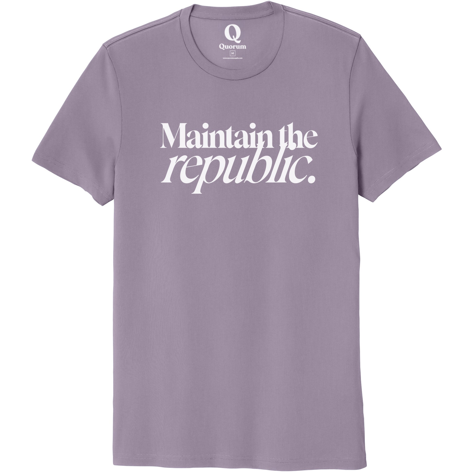 "Maintain the republic." Quorum Unisex 100% Organic Cotton Tee editorial print in Cosmic Purple