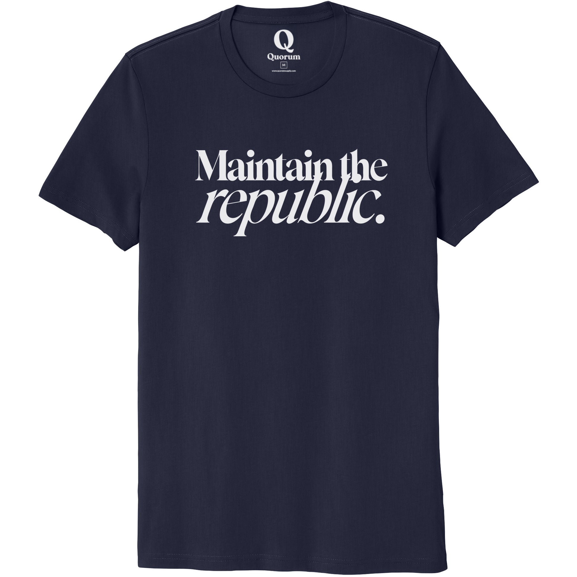 "Maintain the republic." Quorum Unisex 100% Organic Cotton Tee editorial print in Night Sky Navy