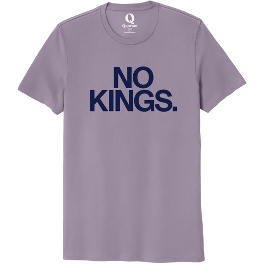 "No Kings." Quorum Unisex 100% Organic Cotton Tee front print in Cosmic Purple