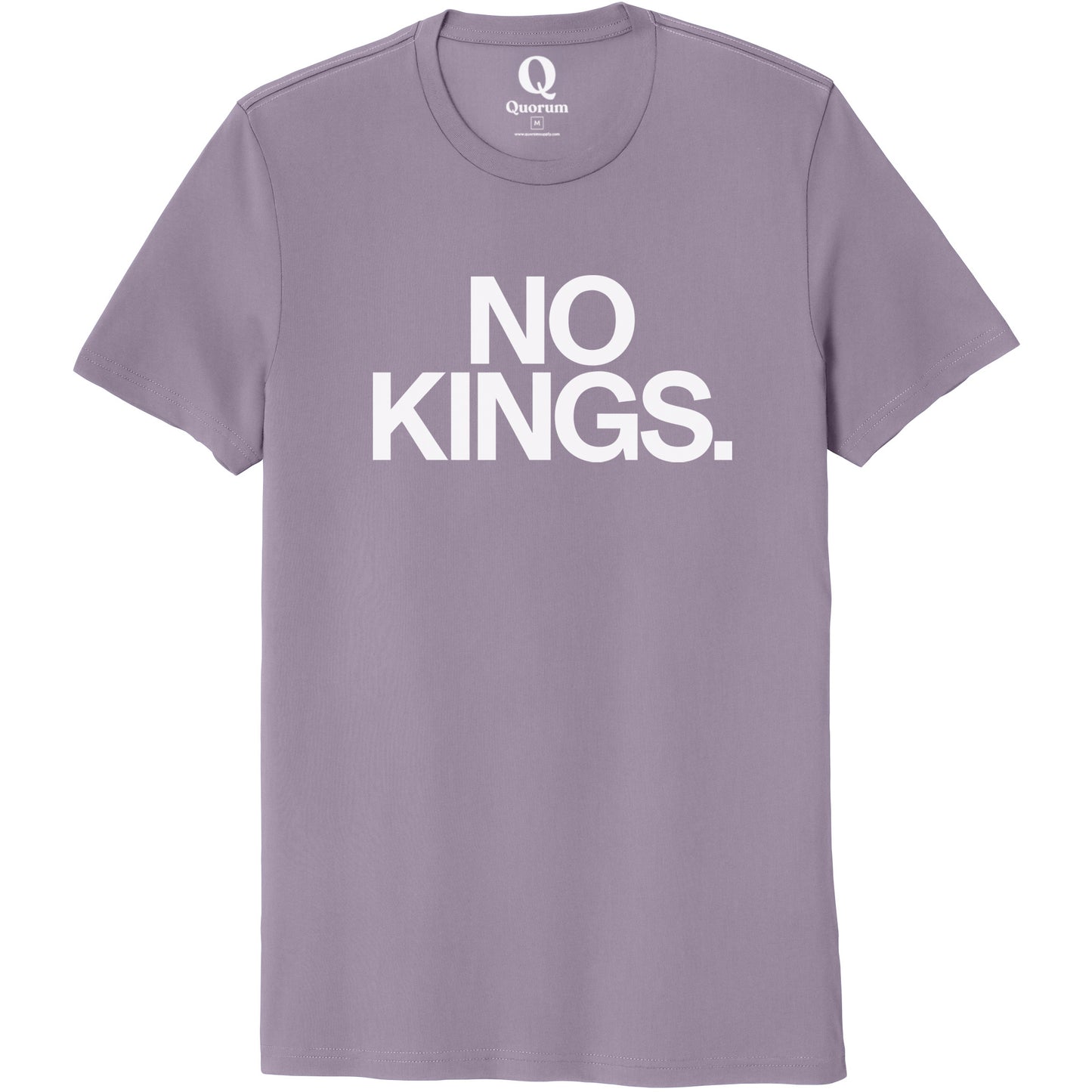 "No Kings." Quorum Unisex 100% Organic Cotton Tee editorial print in Cosmic Purple