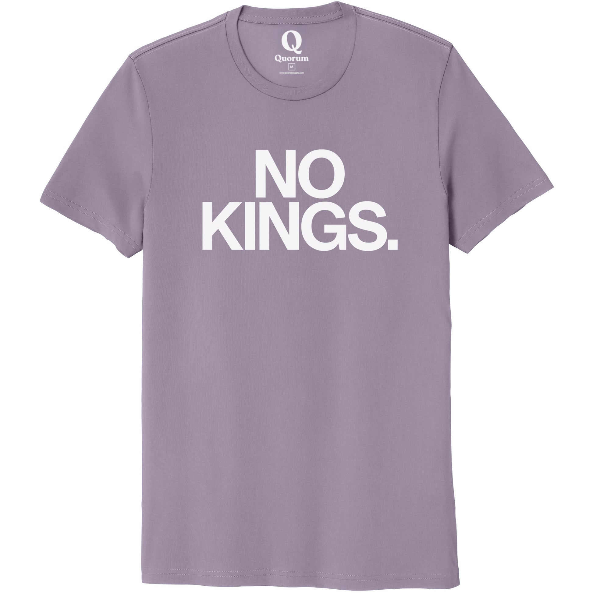 "No Kings." Quorum Unisex 100% Organic Cotton Tee editorial print in Cosmic Purple