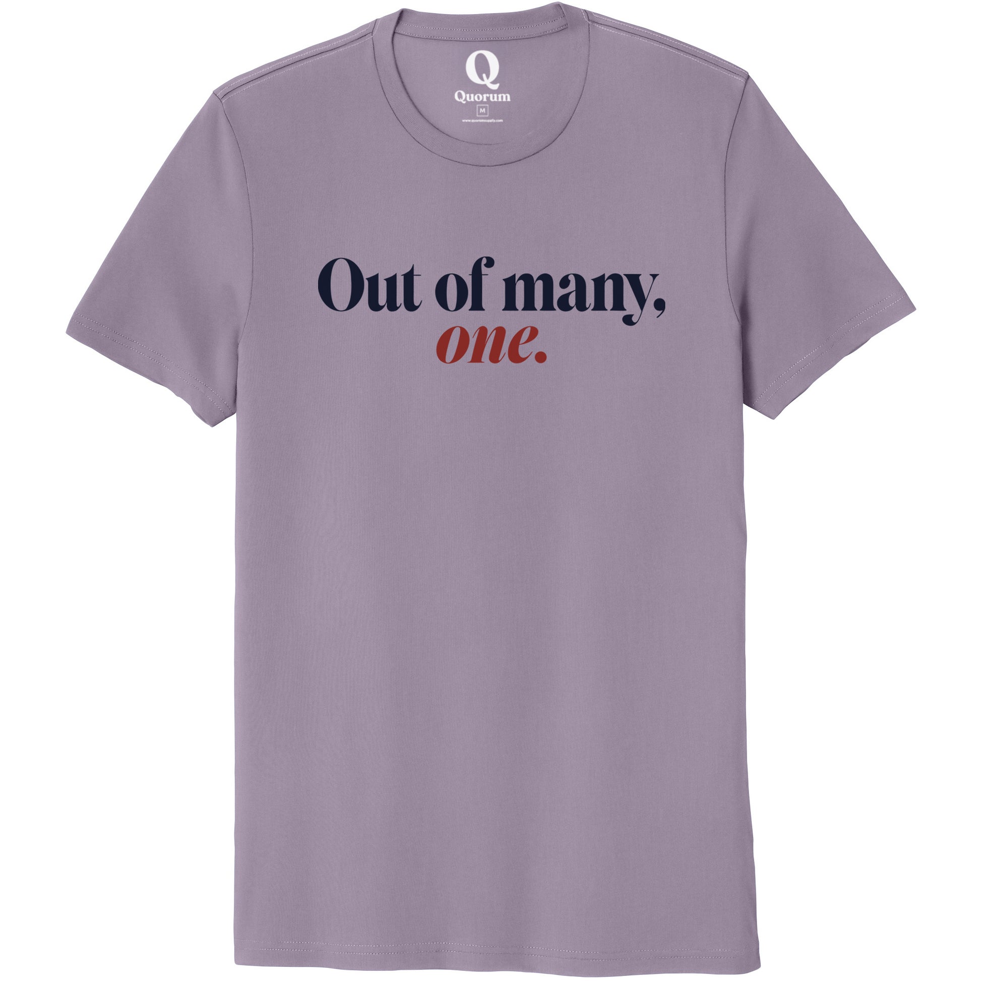 "Out of many, one." Quorum Unisex 100% Organic Cotton Tee front print in Cosmic Purple