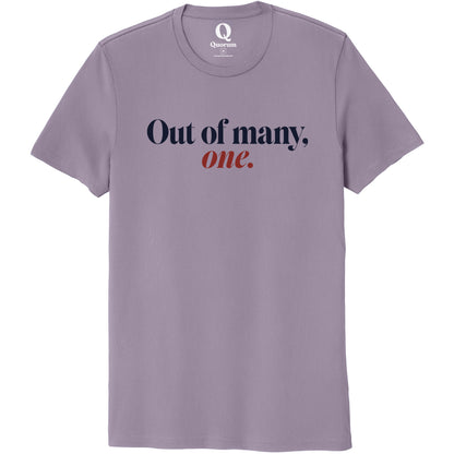"Out of many, one." Quorum Unisex 100% Organic Cotton Tee front print in Cosmic Purple