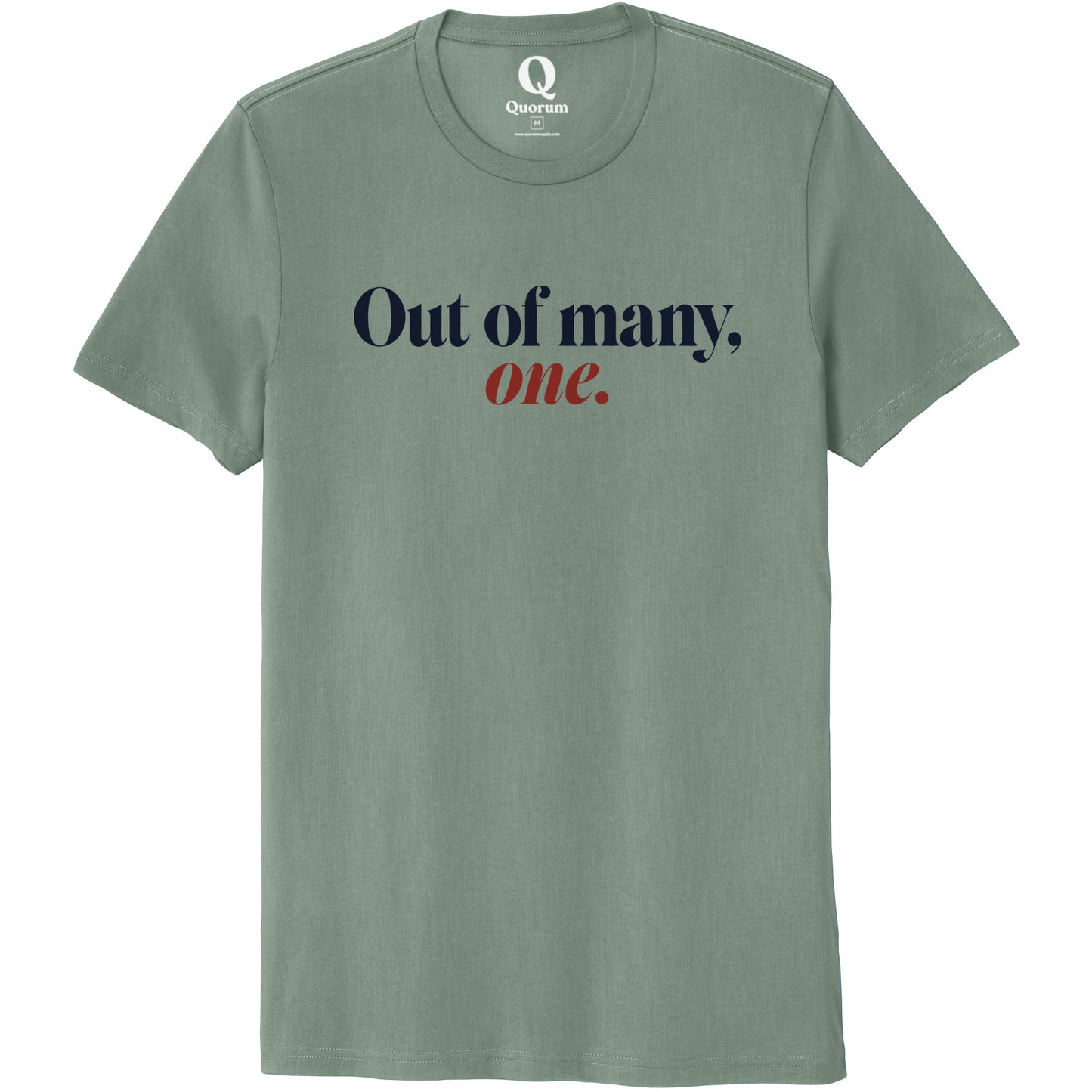"Out of many, one." Quorum Unisex 100% Organic Cotton Tee front print in Matcha Green