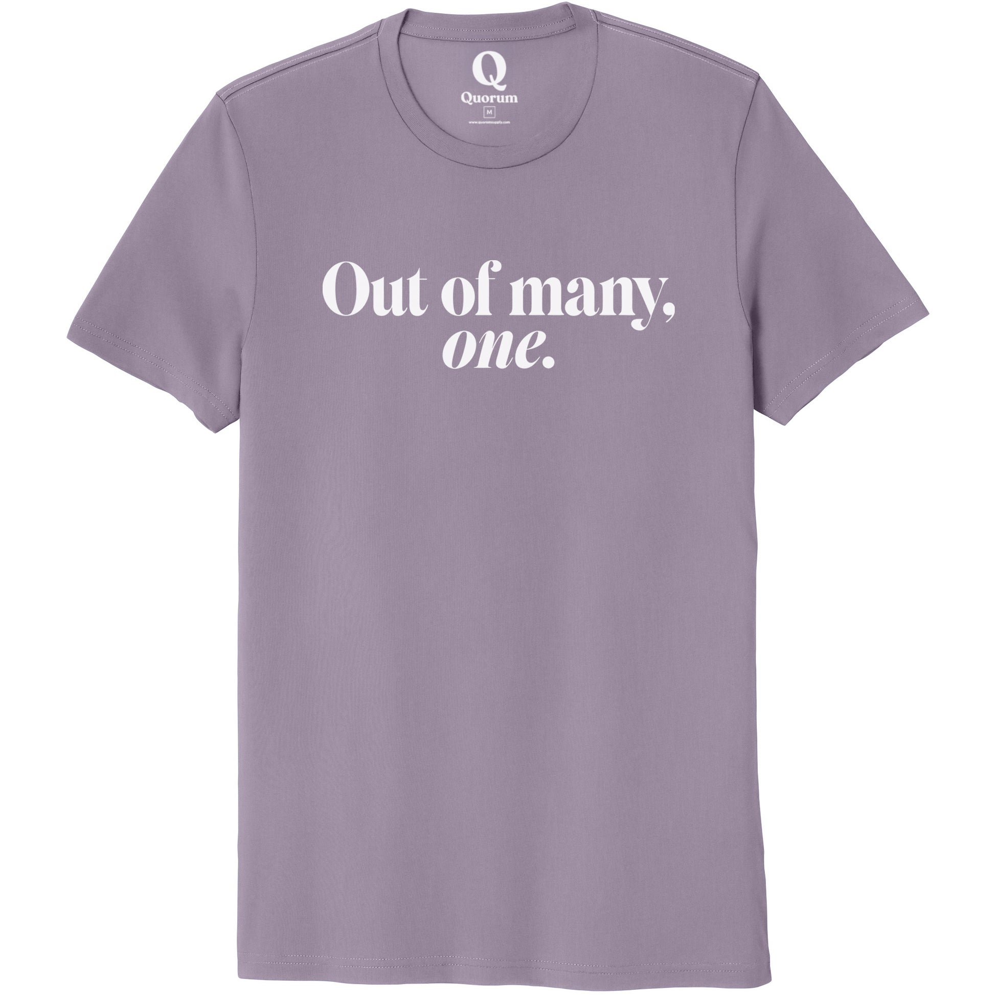 "Out of many, one." Quorum Unisex 100% Organic Cotton Tee editorial print in Cosmic Purple
