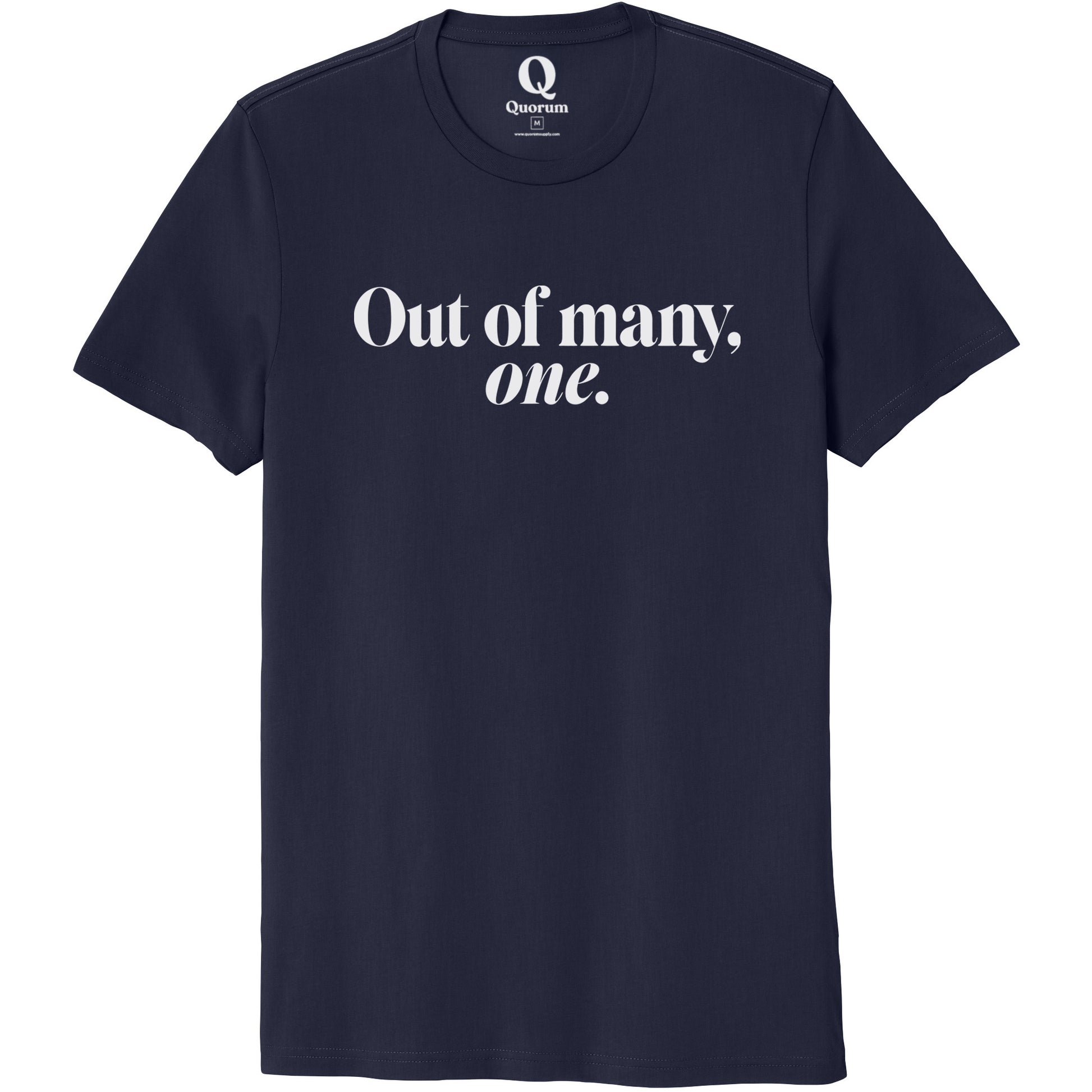 "Out of many, one." Quorum Unisex 100% Organic Cotton Tee editorial print in Night Sky Navy