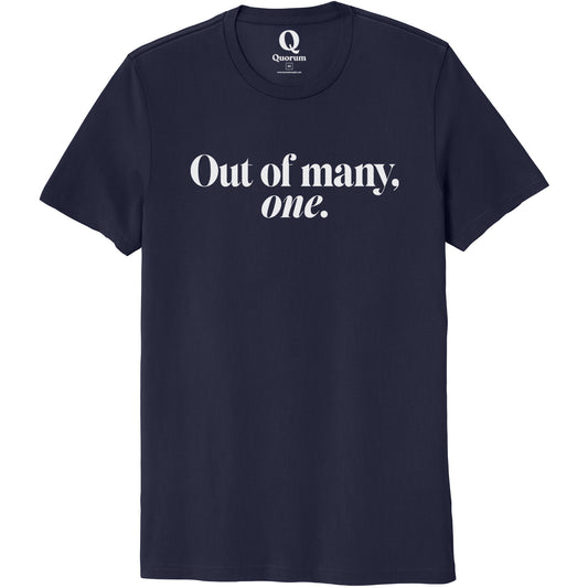 "Out of many, one." Quorum Unisex 100% Organic Cotton Tee editorial print in Night Sky Navy