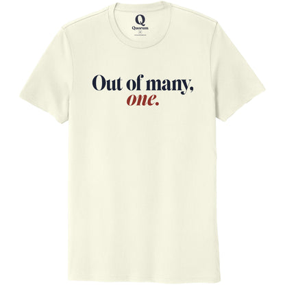 "Out of many, one." Quorum Unisex 100% Organic Cotton Tee front print in White Sand