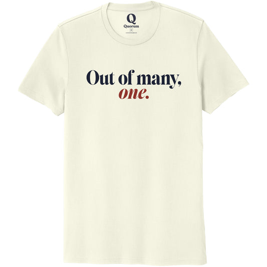 "Out of many, one." Quorum Unisex 100% Organic Cotton Tee front print in White Sand