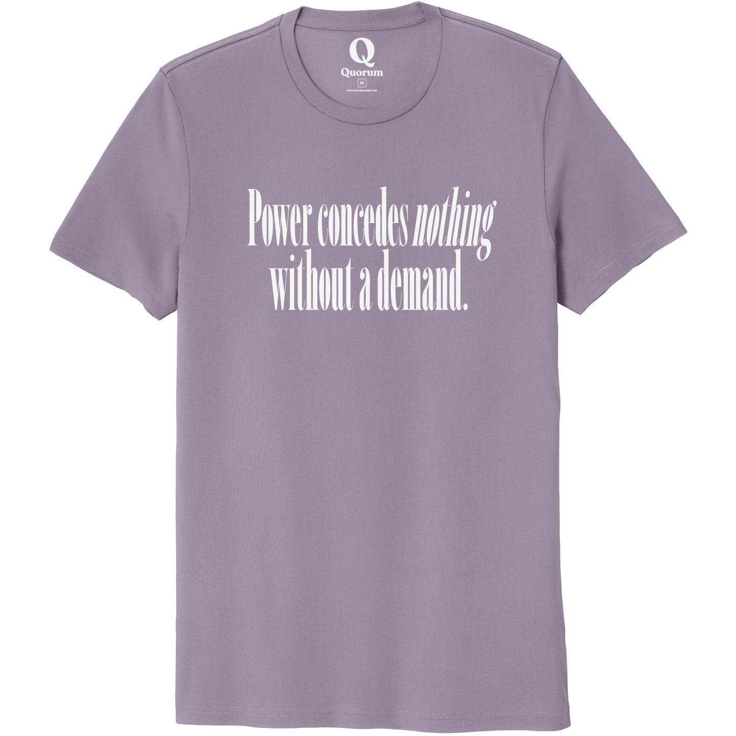 "Power concedes nothing without a demand." Quorum Unisex 100% Organic Cotton Tee editorial print in Cosmic Purple