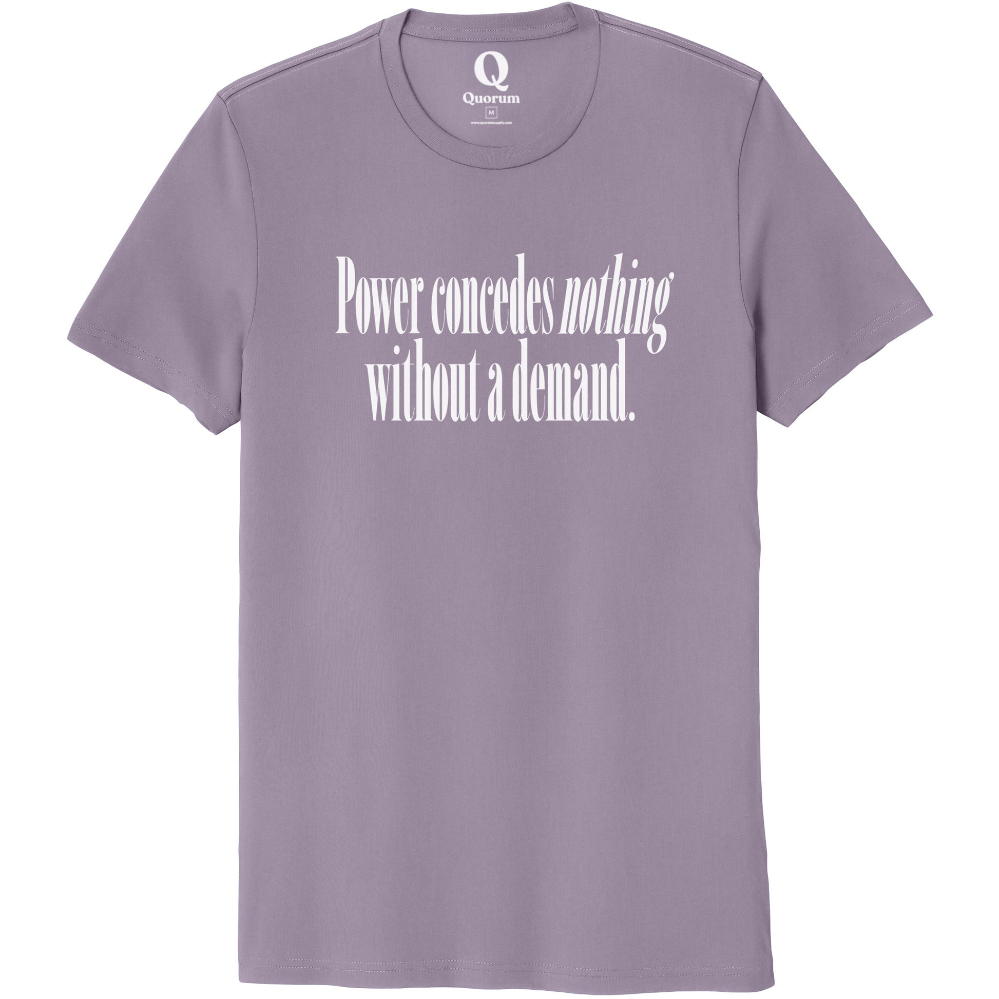 "Power concedes nothing without a demand." Quorum Unisex 100% Organic Cotton Tee editorial print in Cosmic Purple