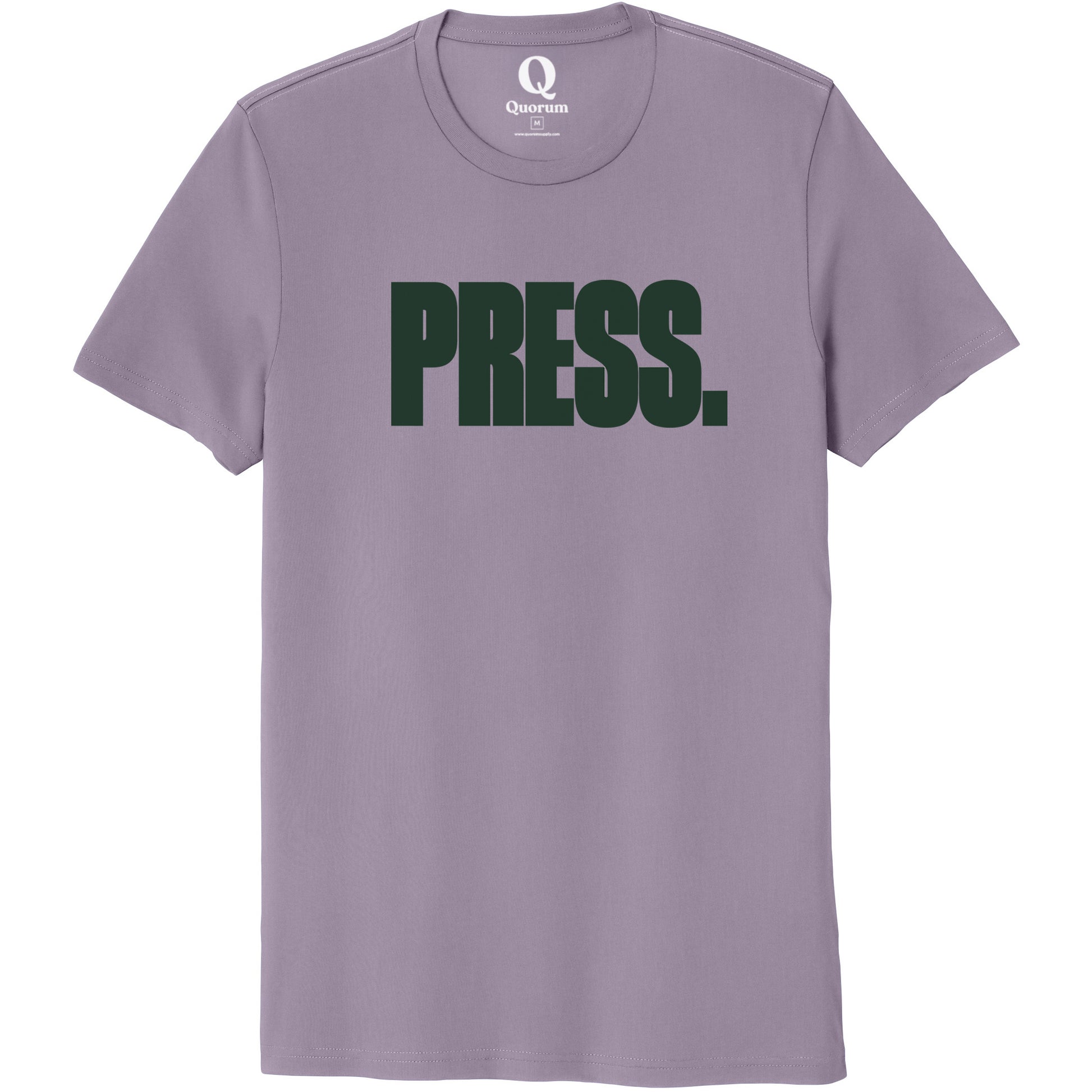 "Press." Quorum Unisex 100% Organic Cotton Tee front print in Cosmic Purple