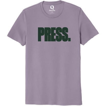 "Press." Quorum Unisex 100% Organic Cotton Tee front print in Cosmic Purple