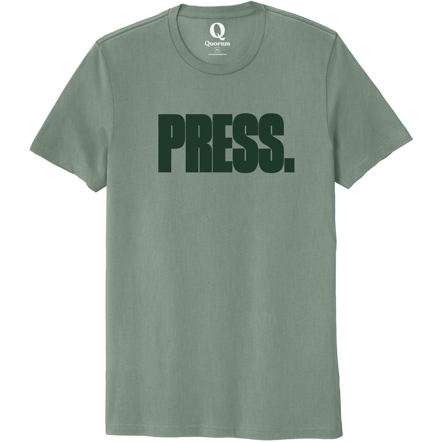 "Press." Quorum Unisex 100% Organic Cotton Tee front print in Matcha Green