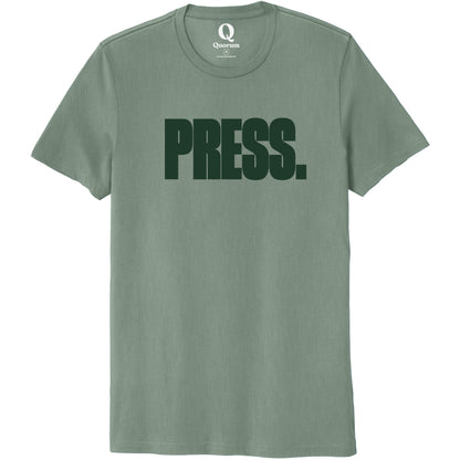 "Press." Quorum Unisex 100% Organic Cotton Tee front print in Matcha Green