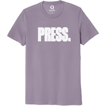 "Press." Quorum Unisex 100% Organic Cotton Tee editorial print in Cosmic Purple