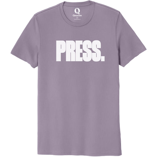 "Press." Quorum Unisex 100% Organic Cotton Tee editorial print in Cosmic Purple