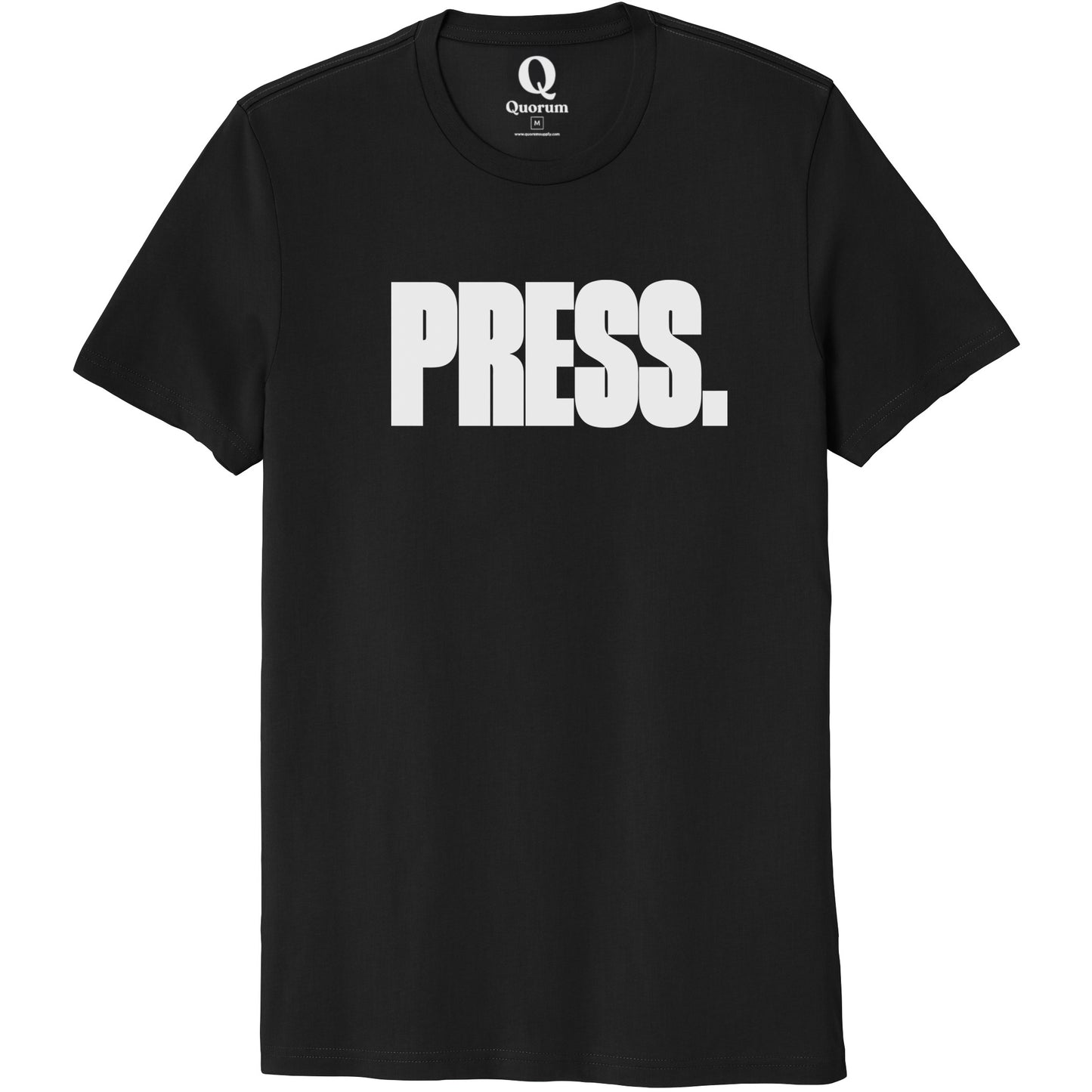 "Press." Quorum Unisex 100% Organic Cotton Tee editorial print in Deep Black