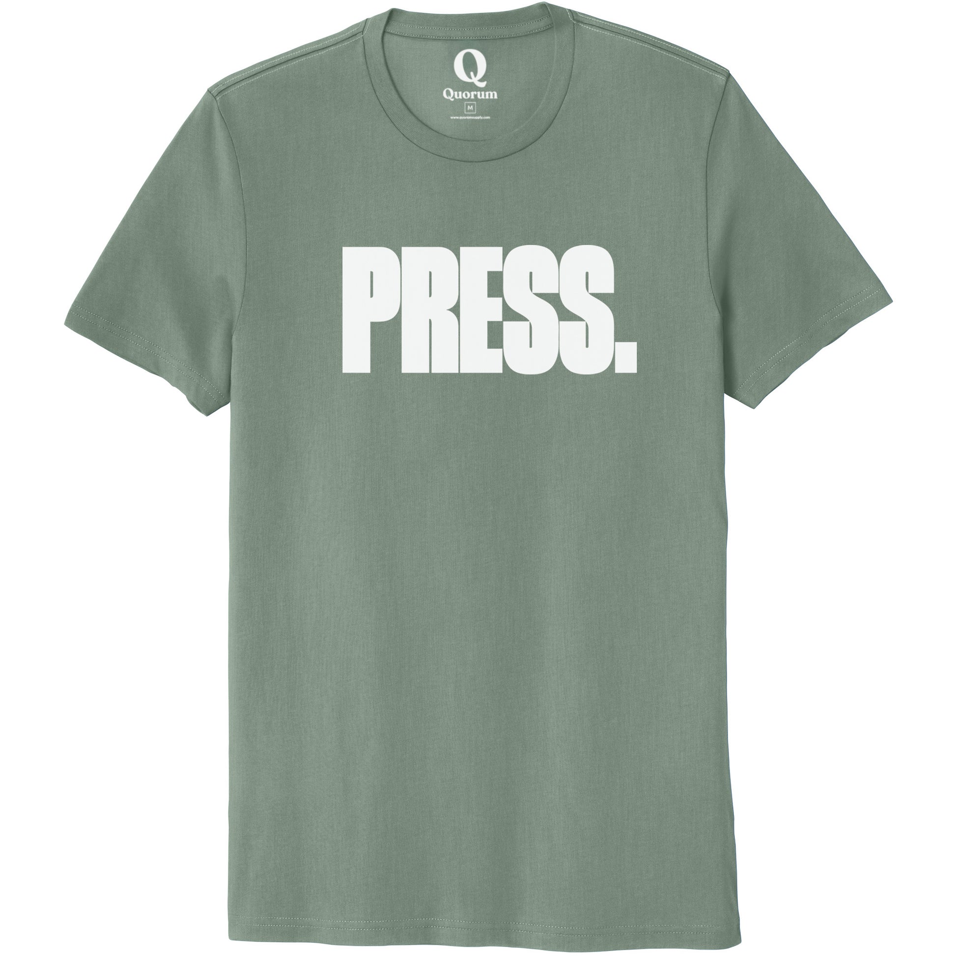 "Press." Quorum Unisex 100% Organic Cotton Tee editorial print in Matcha Green