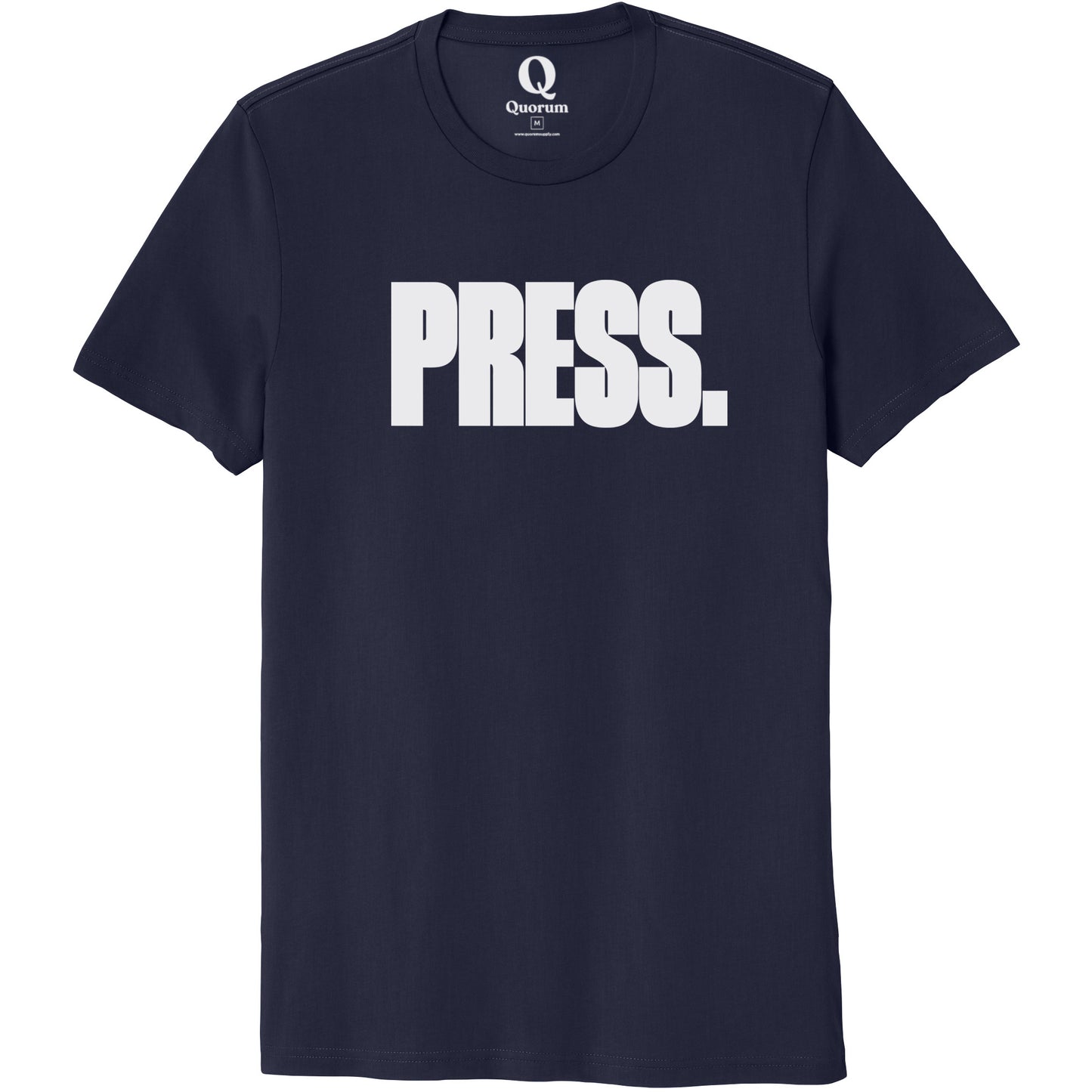 "Press." Quorum Unisex 100% Organic Cotton Tee editorial print in Night Sky Navy