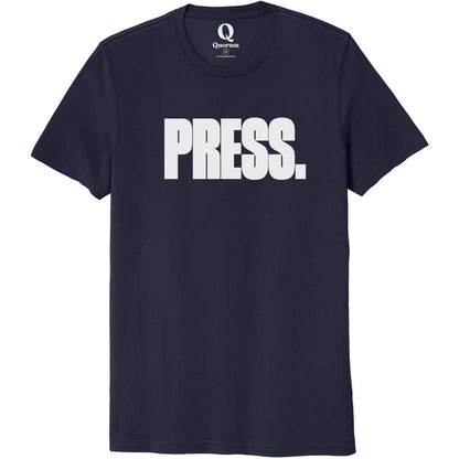 "Press." Quorum Unisex 100% Organic Cotton Tee editorial print in Night Sky Navy