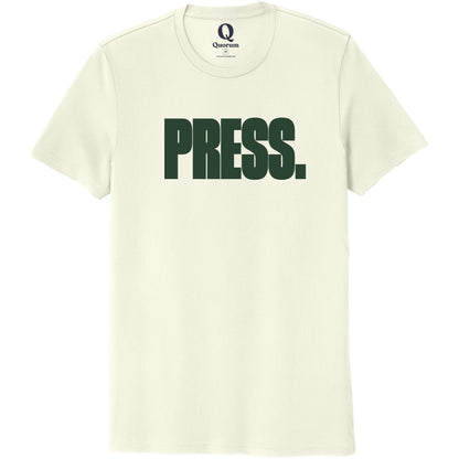 "Press." Quorum Unisex 100% Organic Cotton Tee front print in White Sand