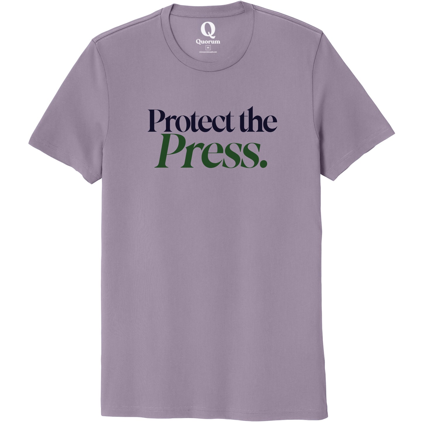 "Protect the Press." Quorum Unisex 100% Organic Cotton Tee front print in Cosmic Purple