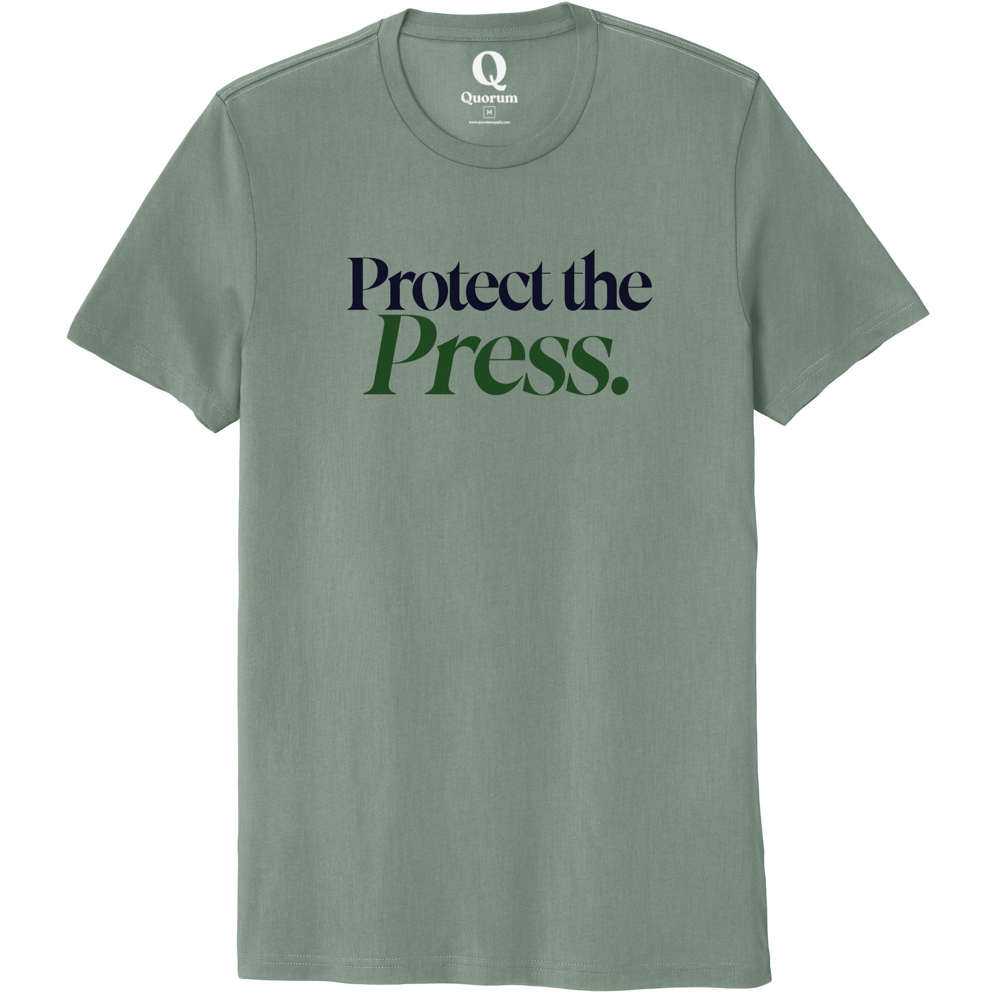 "Protect the Press." Quorum Unisex 100% Organic Cotton Tee front print in Matcha Green