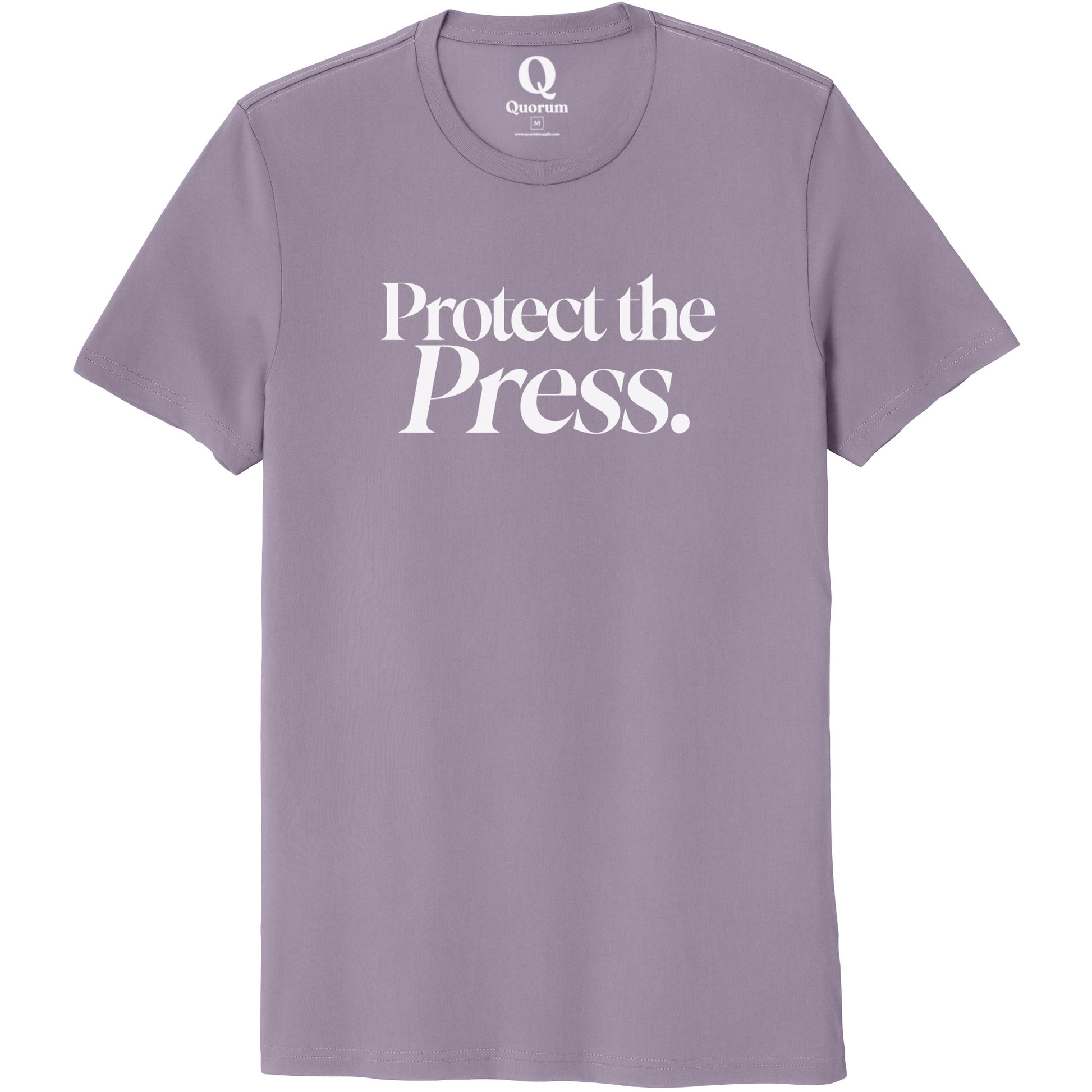 "Protect the Press." Quorum Unisex 100% Organic Cotton Tee editorial print in Cosmic Purple