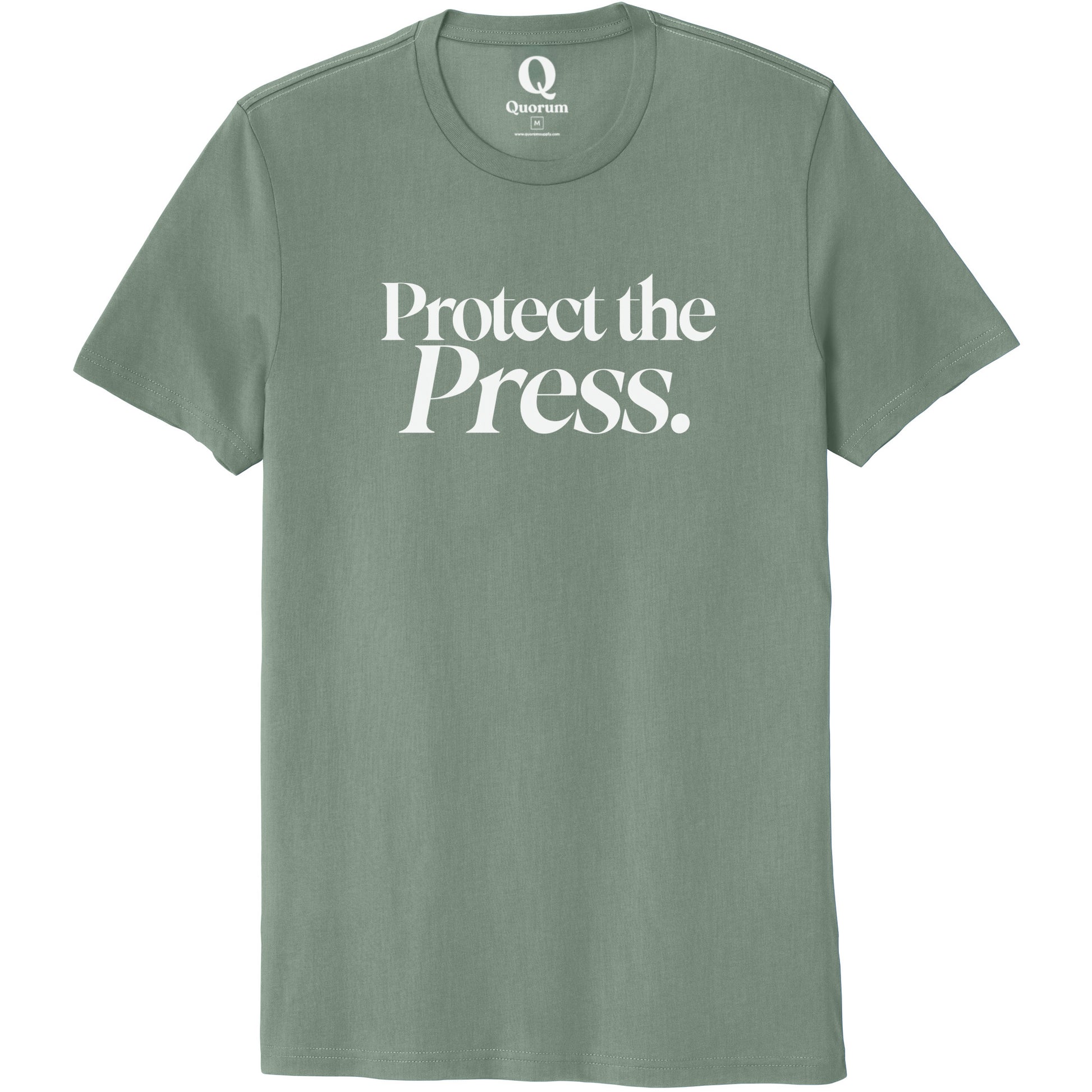"Protect the Press." Quorum Unisex 100% Organic Cotton Tee editorial print in Matcha Green