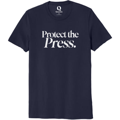 "Protect the Press." Quorum Unisex 100% Organic Cotton Tee editorial print in Night Sky Navy