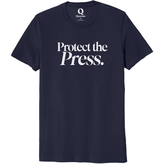 "Protect the Press." Quorum Unisex 100% Organic Cotton Tee editorial print in Night Sky Navy