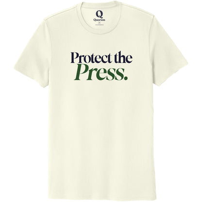 "Protect the Press." Quorum Unisex 100% Organic Cotton Tee front print in White Sand