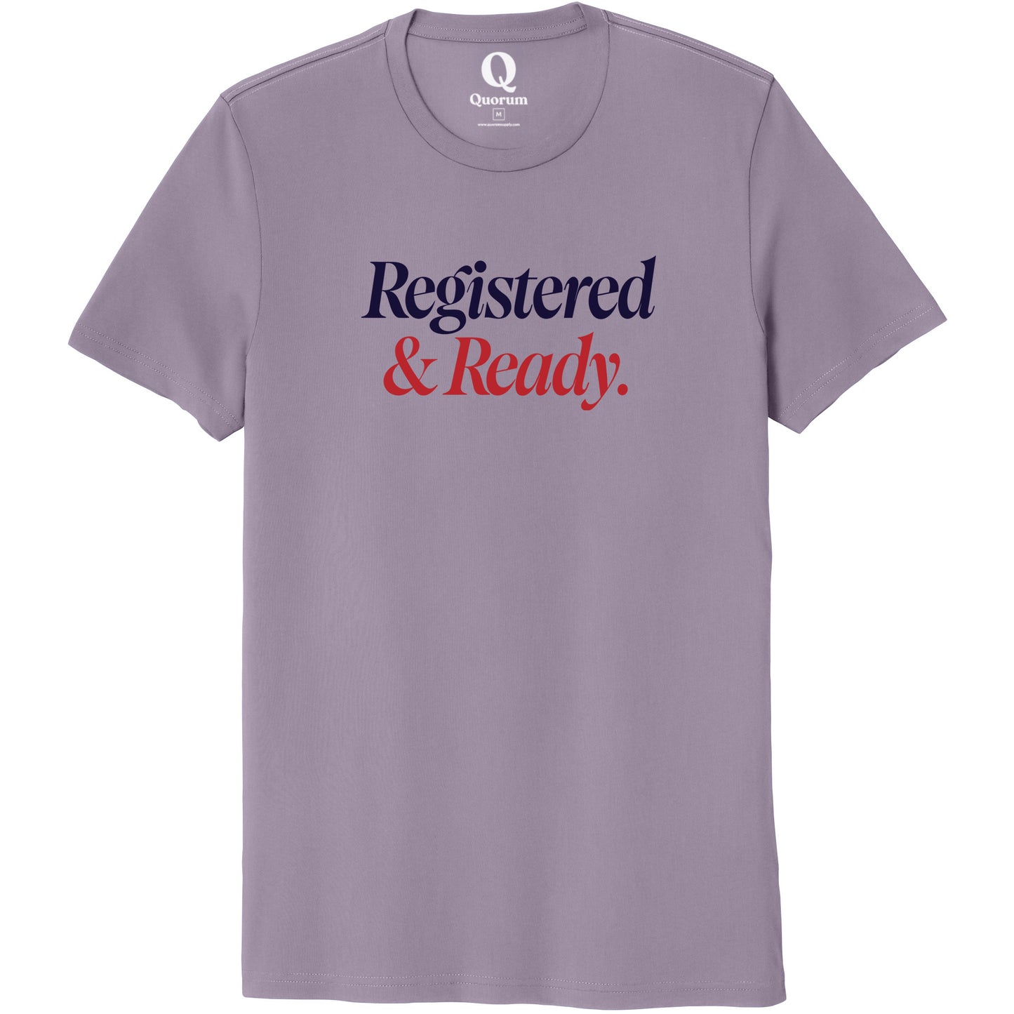 "Registered & Ready." Quorum Unisex 100% Organic Cotton Tee front print in Cosmic Purple