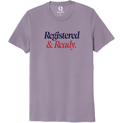 "Registered & Ready." Quorum Unisex 100% Organic Cotton Tee front print in Cosmic Purple