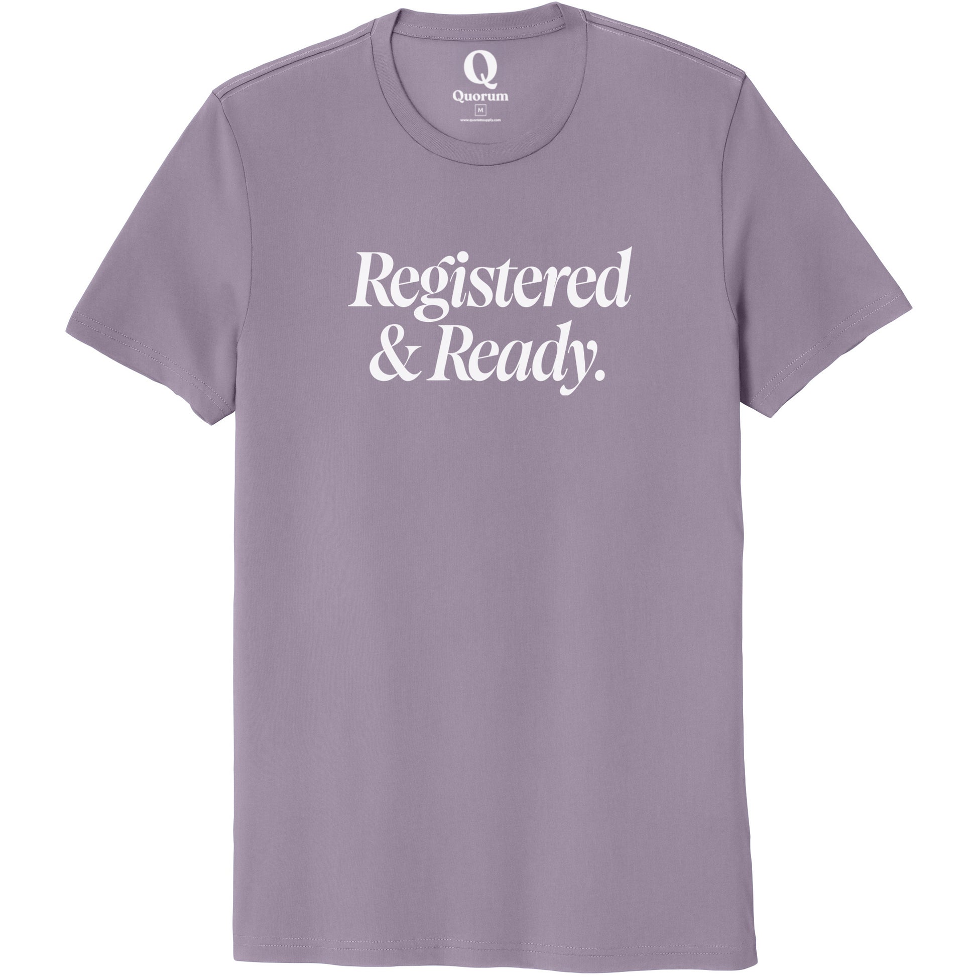 "Registered & Ready." Quorum Unisex 100% Organic Cotton Tee editorial print in Cosmic Purple