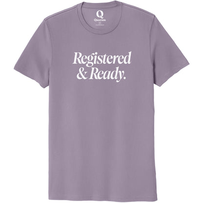 "Registered & Ready." Quorum Unisex 100% Organic Cotton Tee editorial print in Cosmic Purple