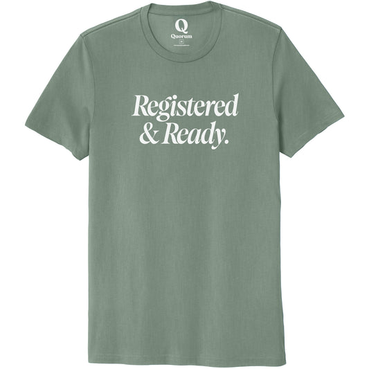 "Registered & Ready." Quorum Unisex 100% Organic Cotton Tee editorial print in Matcha Green