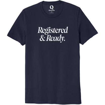 "Registered & Ready." Quorum Unisex 100% Organic Cotton Tee editorial print in Night Sky Navy