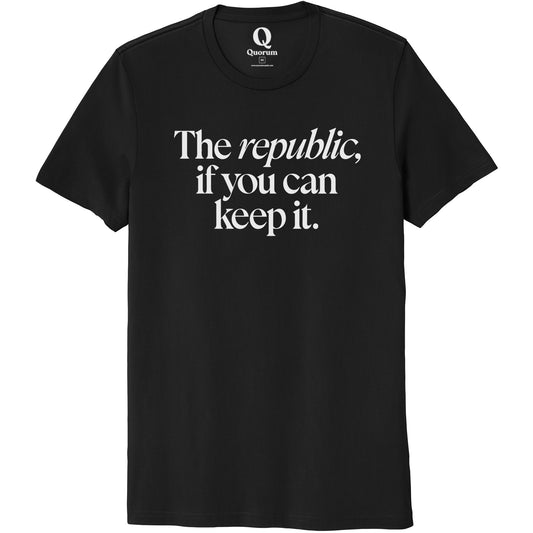 "The republic, if you can keep it." Quorum Unisex 100% Organic Cotton Tee editorial print in Deep Black