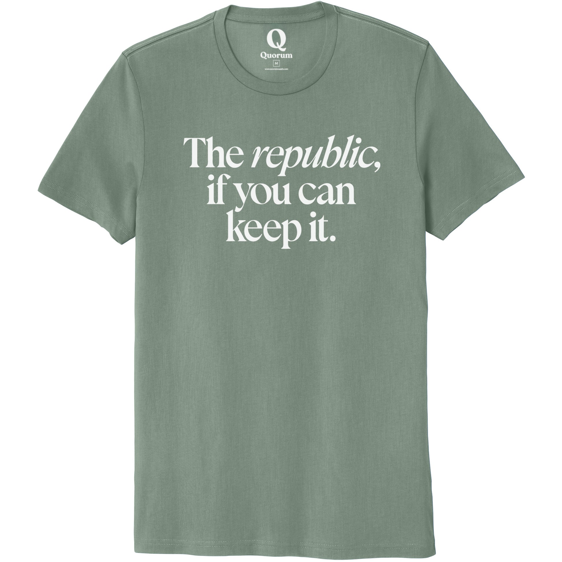 "The republic, if you can keep it." Quorum Unisex 100% Organic Cotton Tee editorial print in Matcha Green