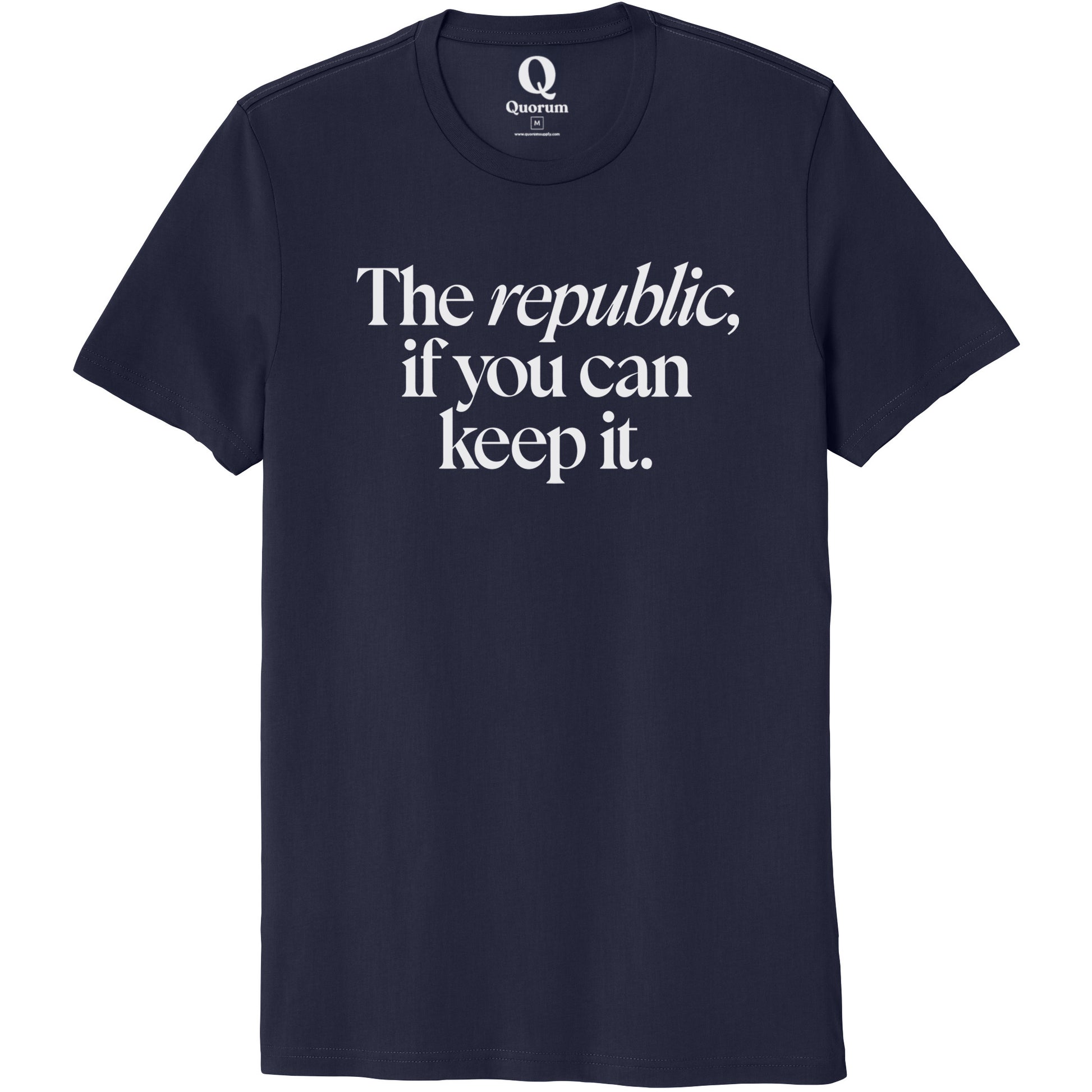"The republic, if you can keep it." Quorum Unisex 100% Organic Cotton Tee editorial print in Night Sky Navy
