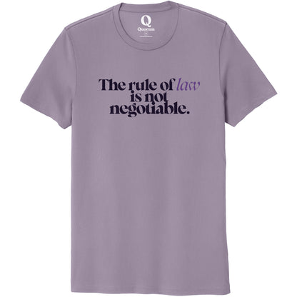 "The rule of law is not negotiable." Quorum Unisex 100% Organic Cotton Tee front print in Cosmic Purple