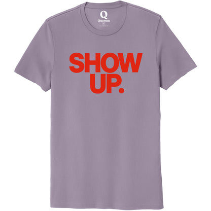 "Show up. Stand up. Suit up." Quorum Unisex 100% Organic Cotton Tee front print in Cosmic Purple