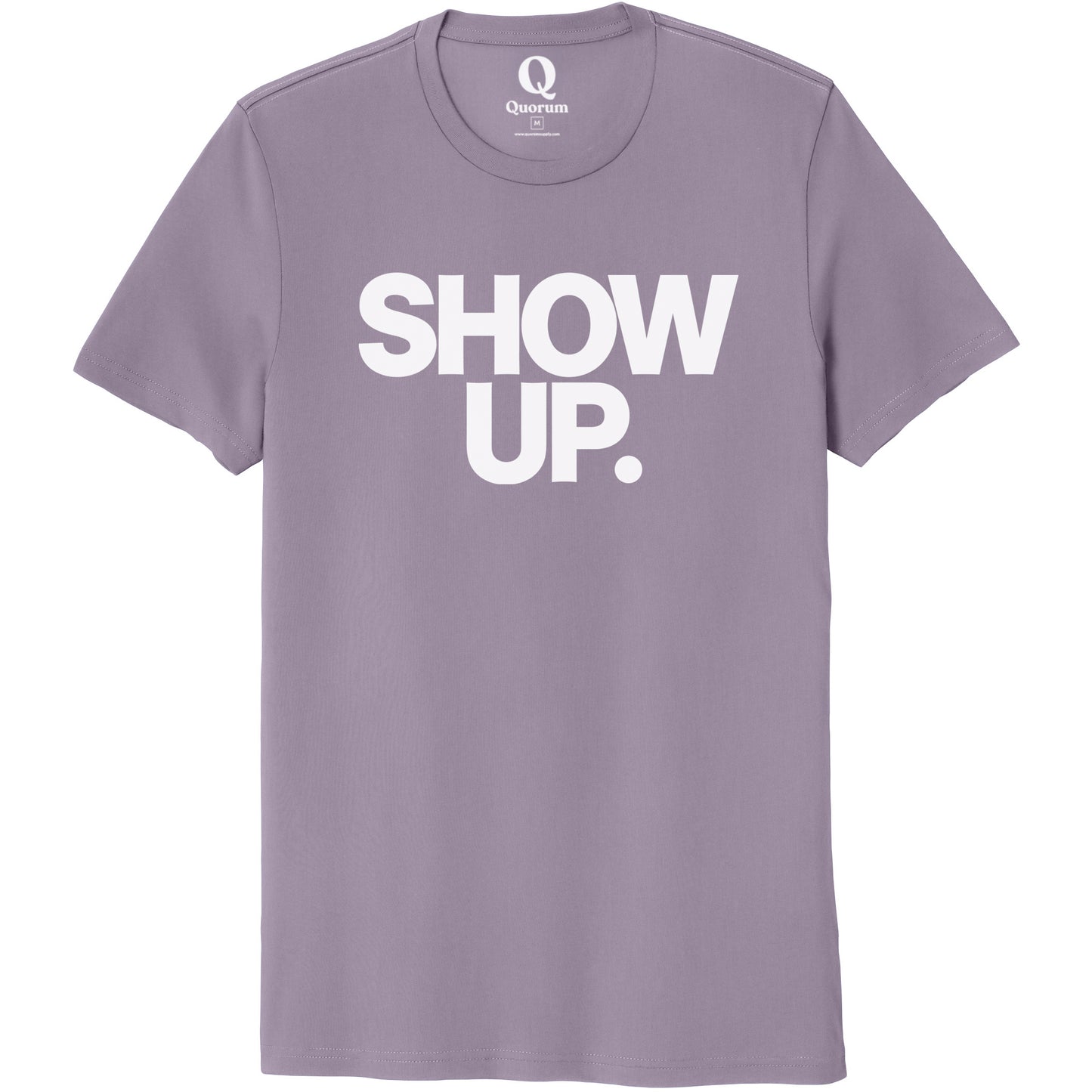"Show up. Stand up. Suit up." Quorum Unisex 100% Organic Cotton Tee editorial print in Cosmic Purple